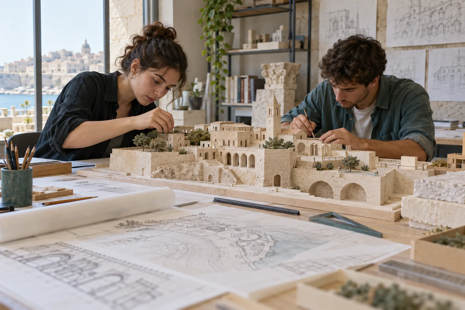 Studenti di architettura al lavoro su un modello del patrimonio urbano