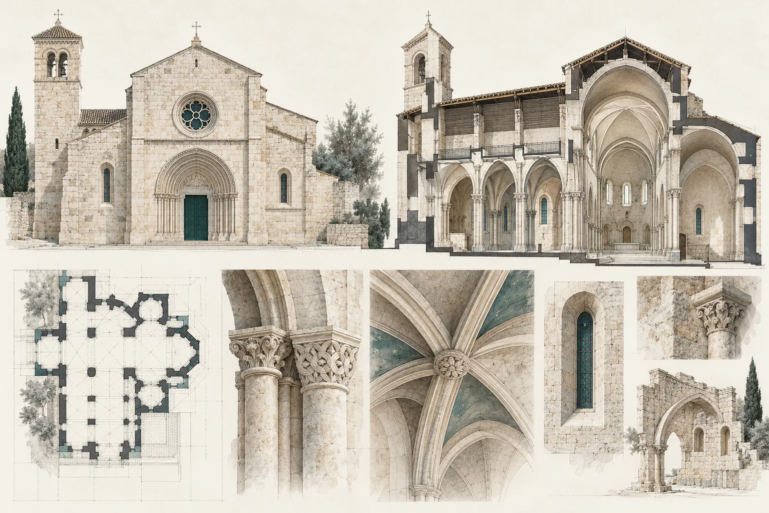 Studio di un edificio storico con disegni architettonici e sezioni